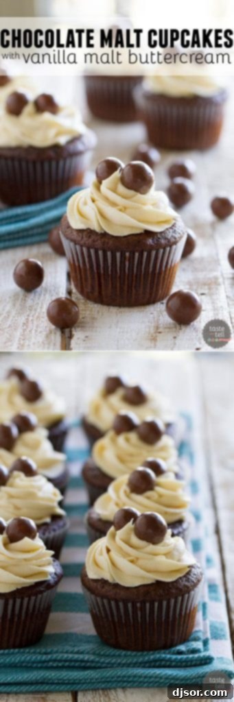 A stunning vertical shot of several Chocolate Malt Cupcakes with Vanilla Malt Buttercream, perfect for Pinterest.