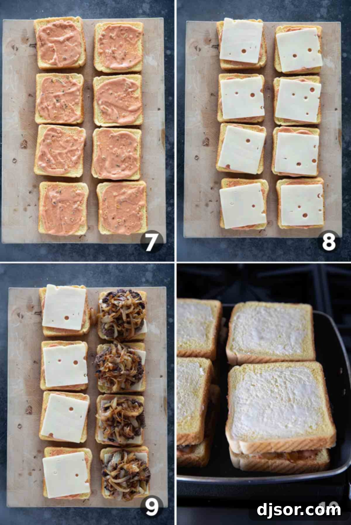 Classic Patty Melt 6 Steps showing the assembly of patty melts: bread with sauce and cheese, patties, caramelized onions, and buttered bread ready for grilling.