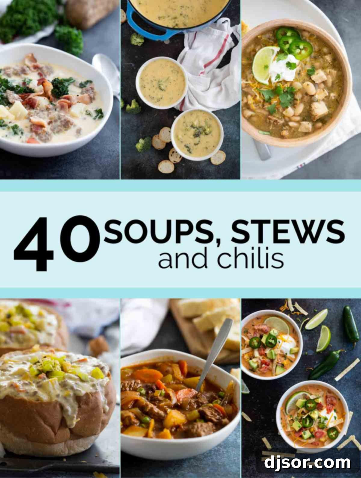 Collage with 6 soup photos and text bar in the middle for Soup Recipes. A vibrant array of hearty and delicious soups.