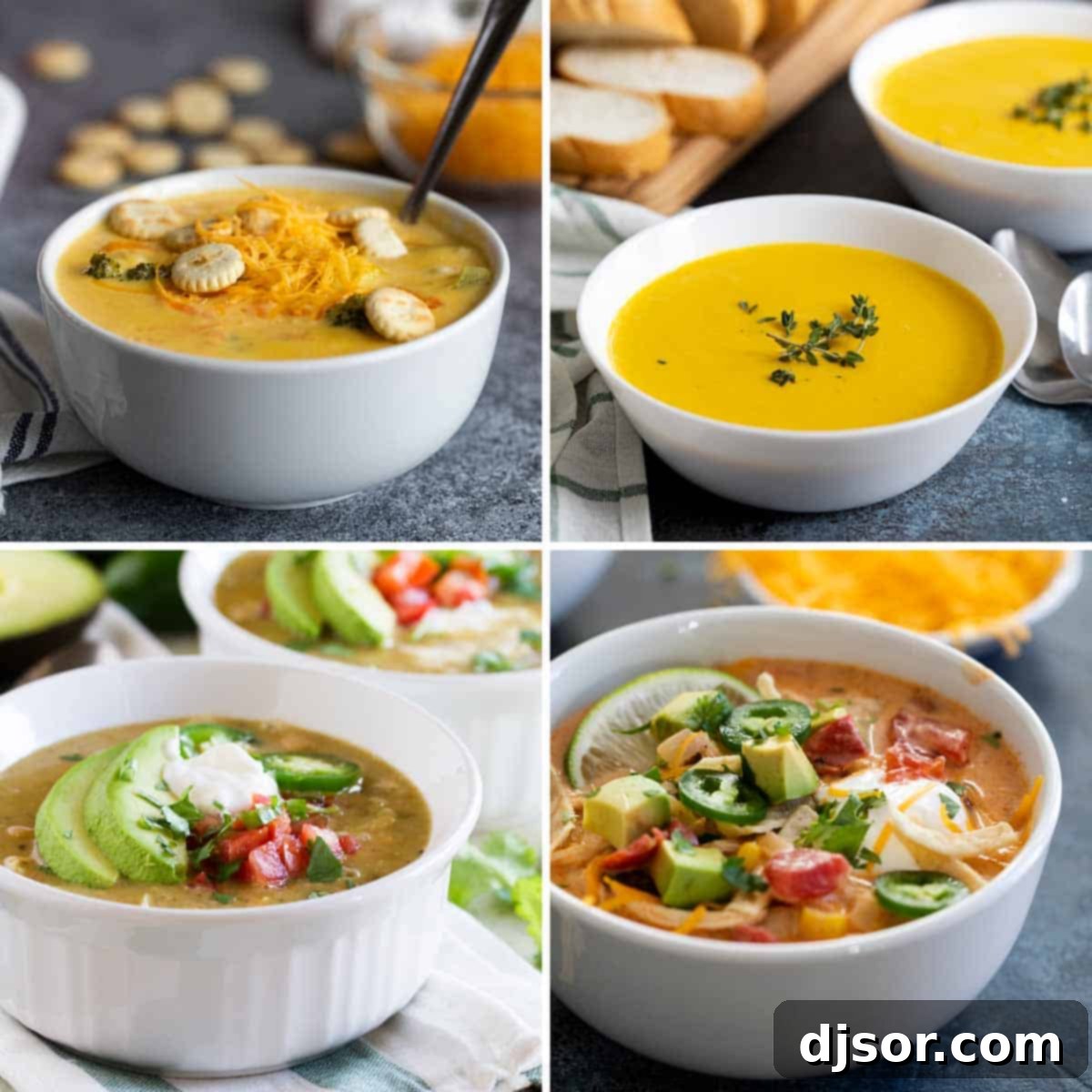 Collage with 4 soups including Broccoli Cheddar, Butternut Squash, White Chicken Chili, and Creamy Chicken Tortilla Soup.