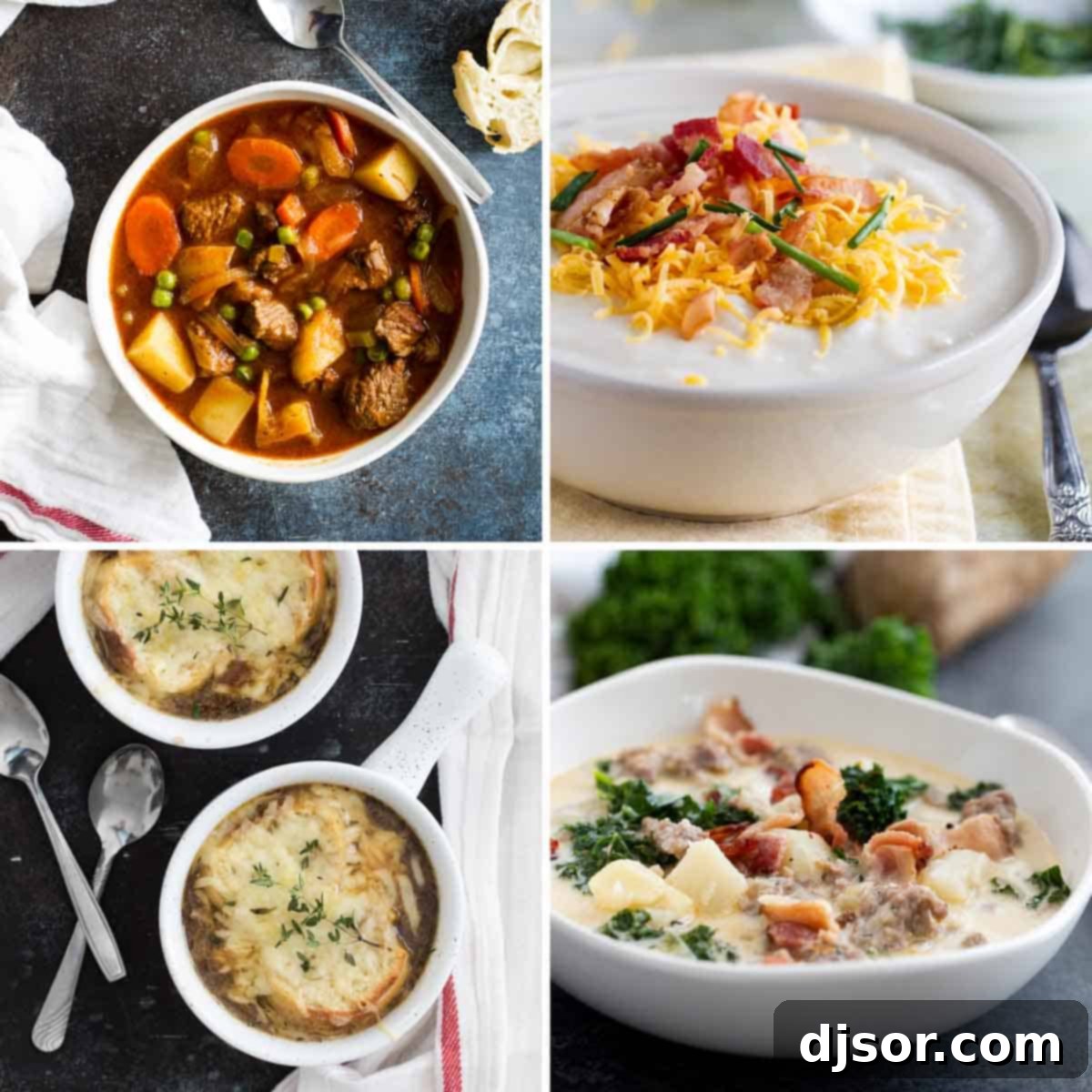Pictures of Zuppa Toscana, French Onion Soup, Beef Stew, and Potato Soup in serving bowls.