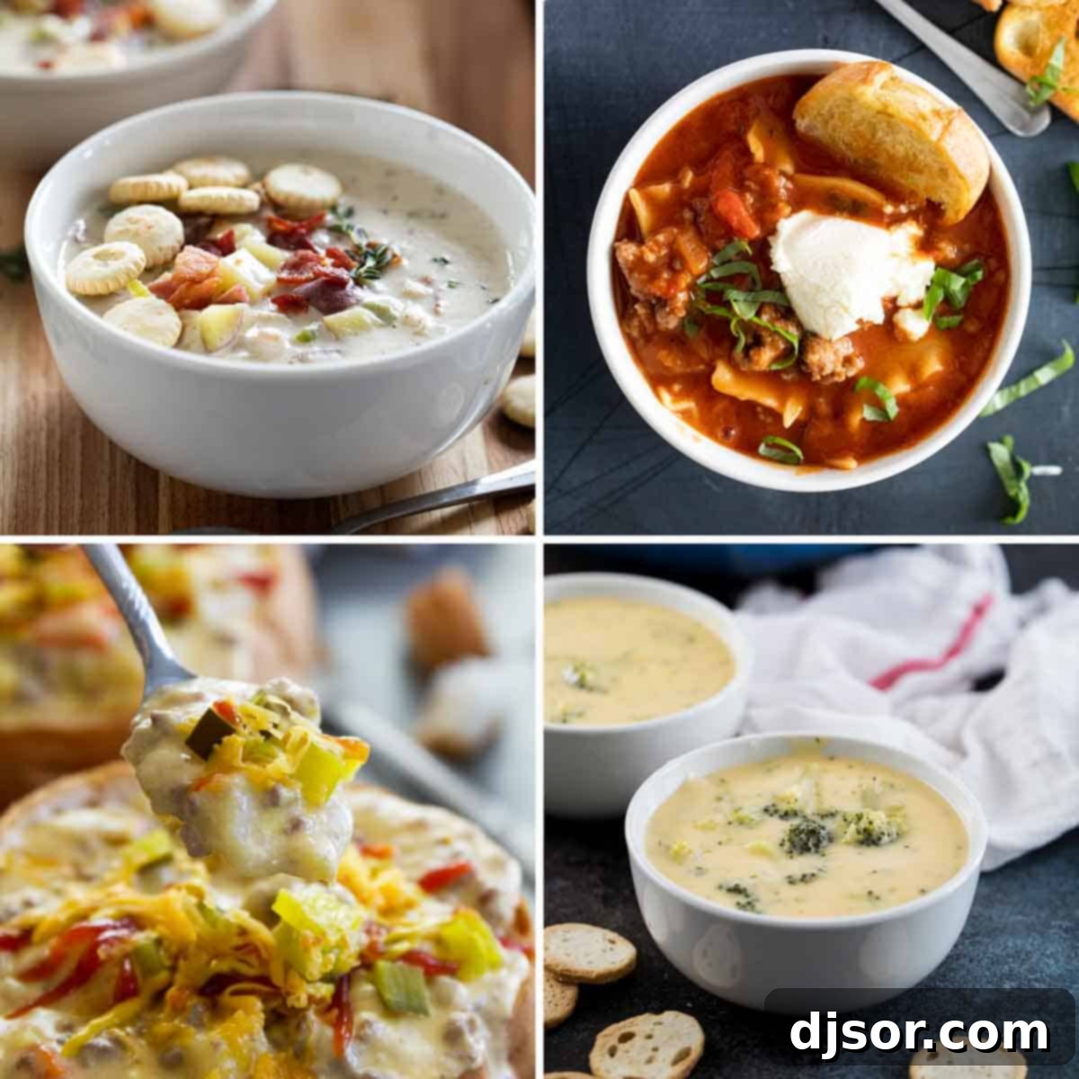 Photos of clam chowder, lasagna soup, cheeseburger soup, and broccoli cheese soup.