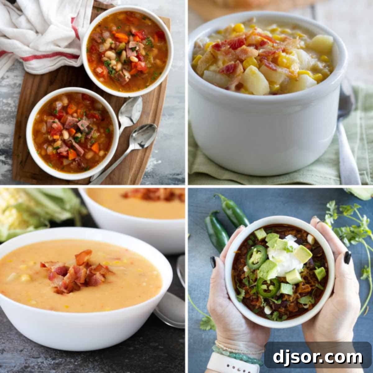 Photos of ham and bean soup, crock pot corn chowder, corn chowder with bacon, and crock pot chili.