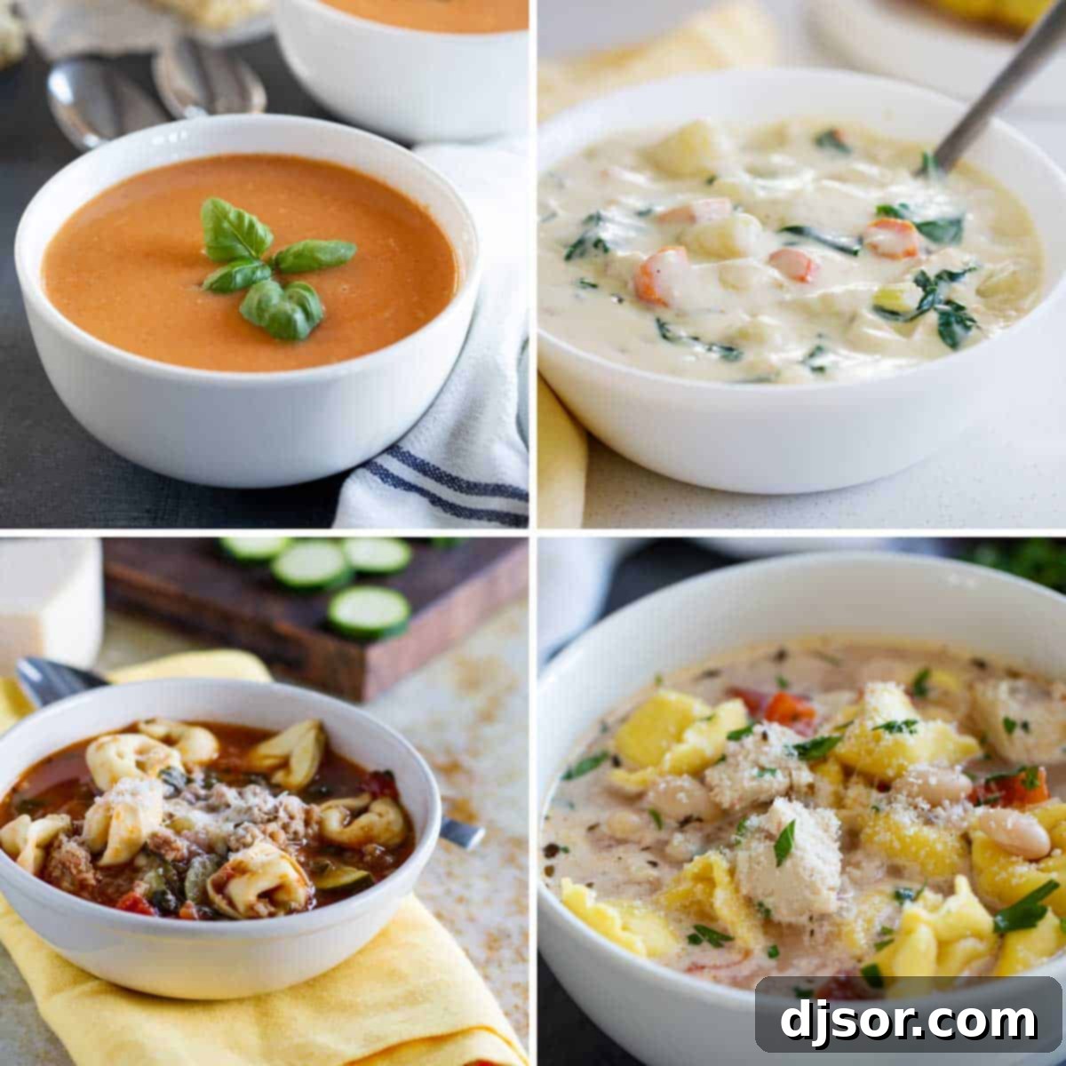 Photos of tomato soup, chicken and gnocchi soup, sausage tortellini soup, and chicken tortellini soup.