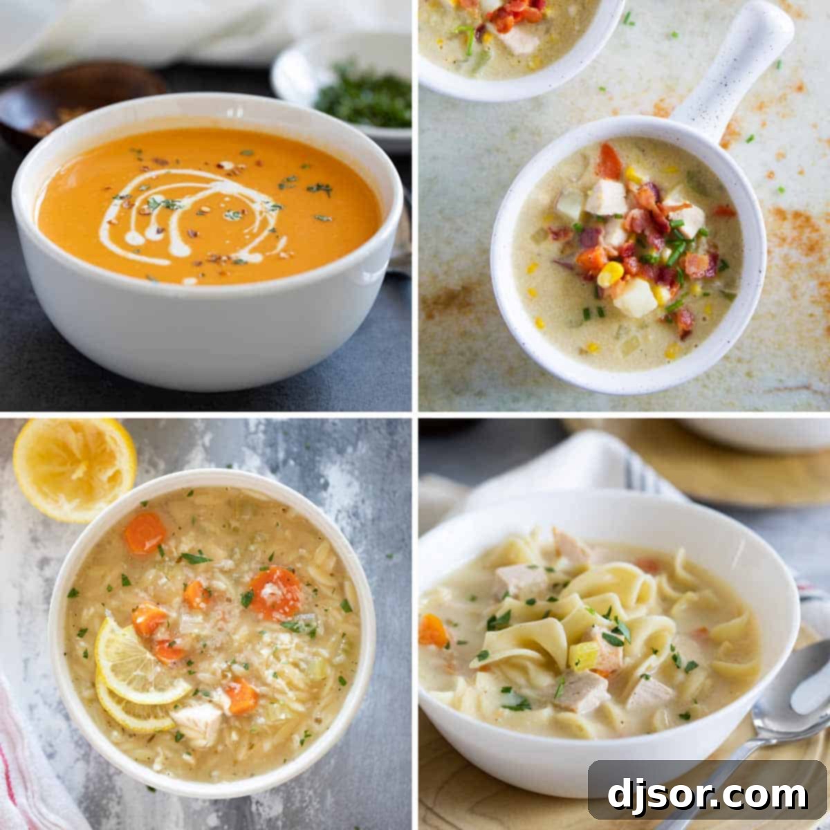 Photos of sweet potato soup, chicken corn chowder, lemon orzo soup, and turkey noodle soup.