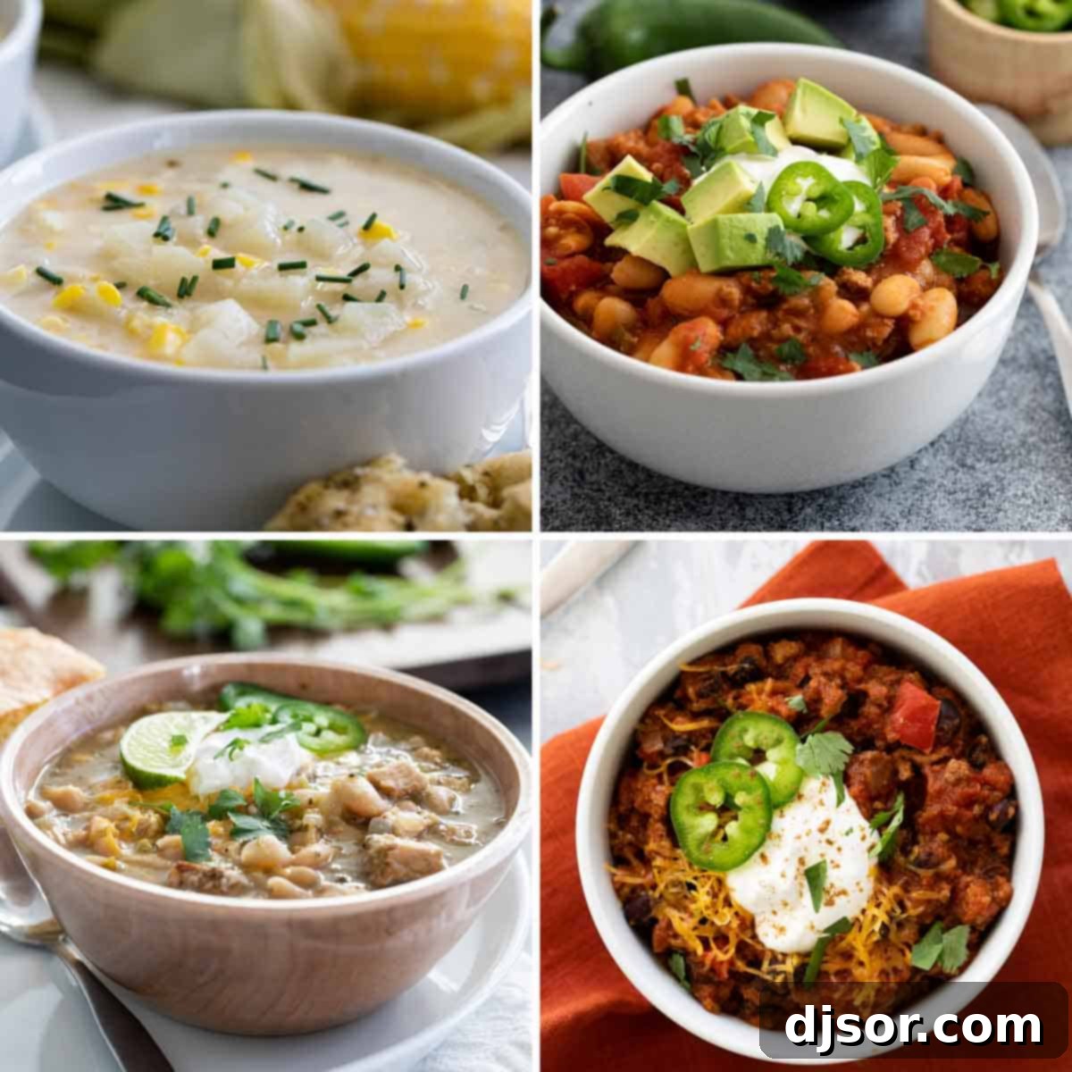 Photos of potato corn chowder, ground turkey chili, white chicken chili, and pumpkin chili.