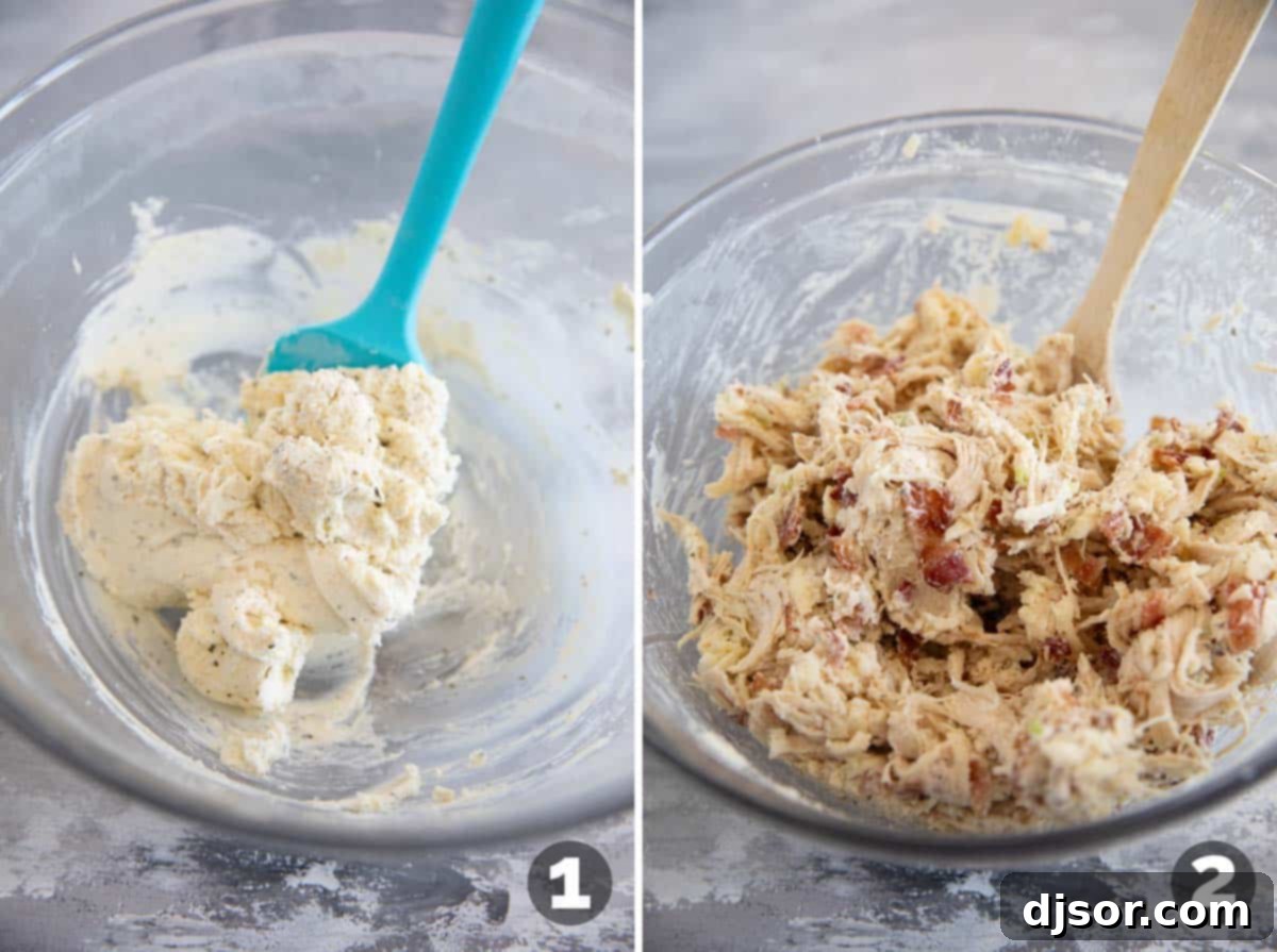 A person's hands mixing the creamy filling for Baked Chicken Bacon Ranch Taquitos in a large bowl.