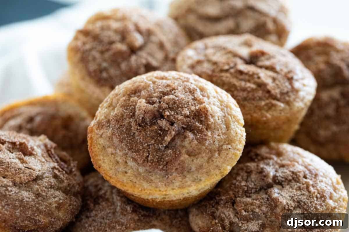 A stack of perfectly golden-brown Cinnamon Muffins in a rustic basket, ready to be enjoyed.