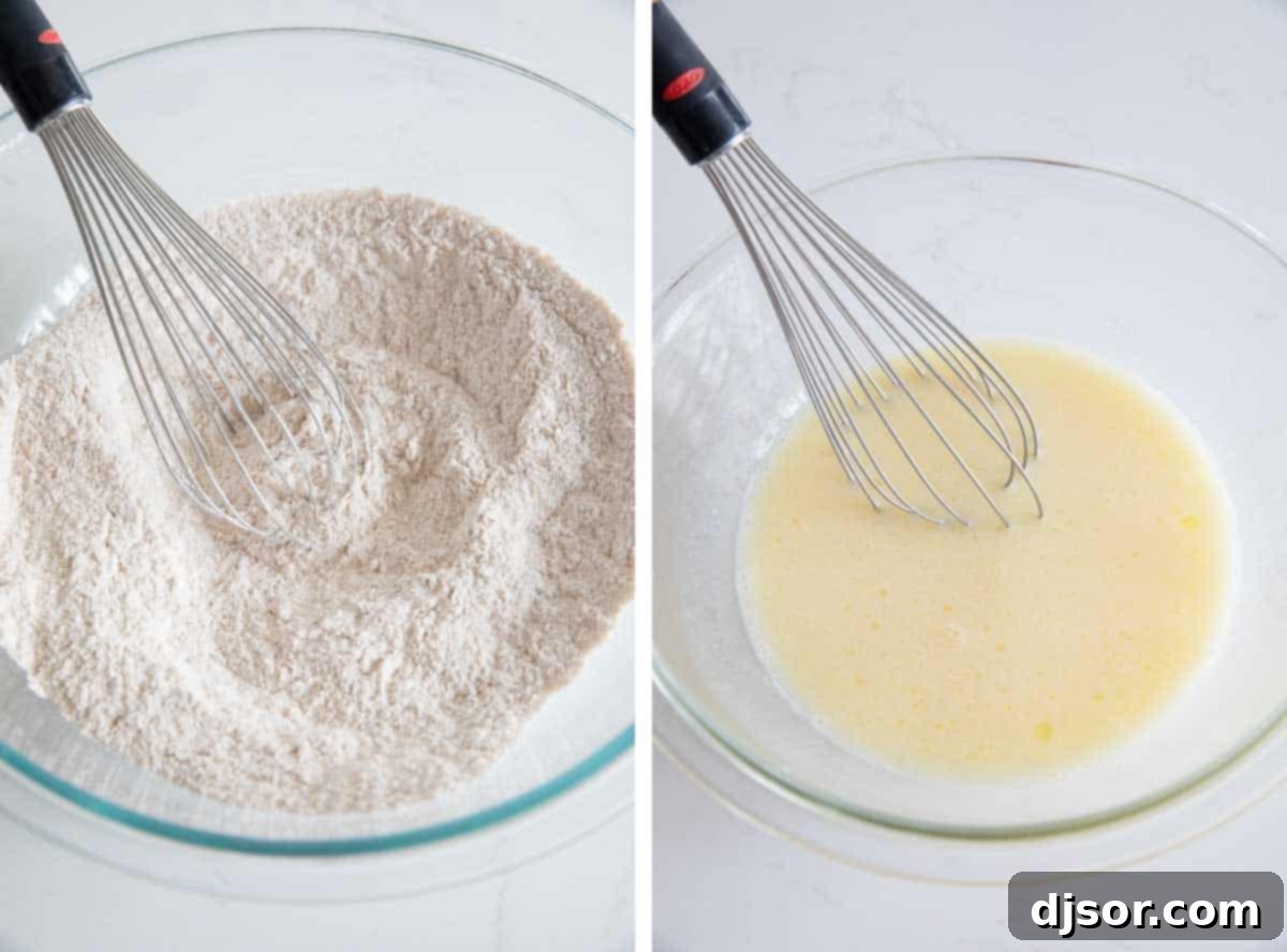 Two bowls, one containing whisked dry ingredients and the other with whisked wet ingredients for muffin batter, illustrating the initial steps of the recipe.