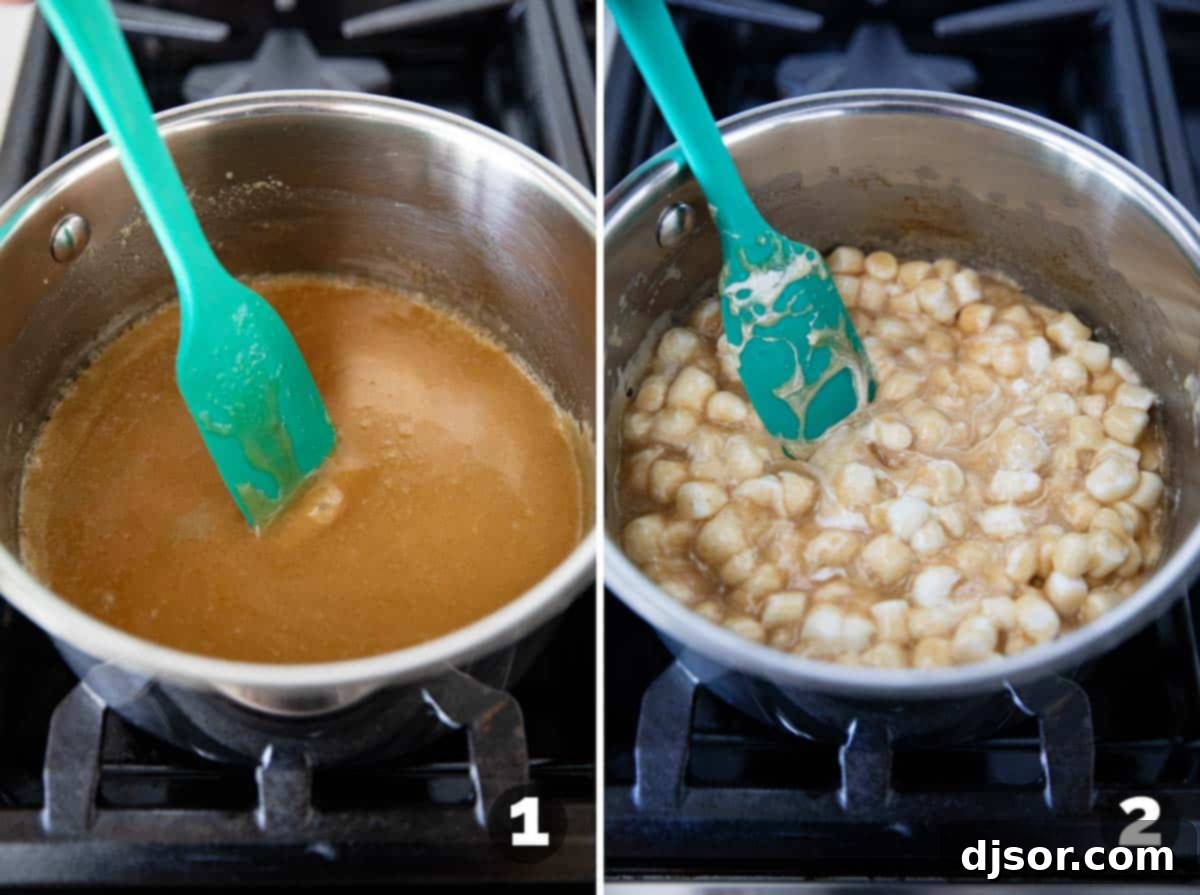 Gourmet Caramel Marshmallow Popcorn Clusters 4 Process of making the caramel sauce: combining brown sugar, butter, corn syrup, and then adding marshmallows to melt.