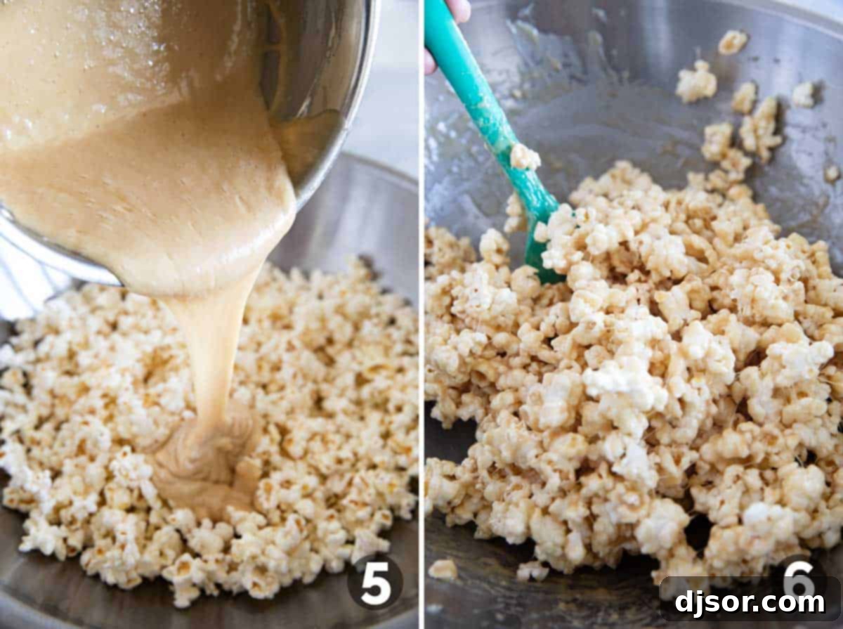 Gourmet Caramel Marshmallow Popcorn Clusters 6 Pouring the hot caramel marshmallow sauce over a large bowl of popped popcorn and gently mixing it.