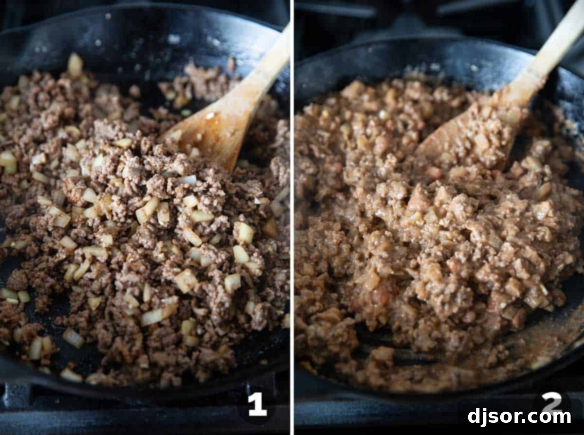 Ground beef being cooked with onions and garlic in a skillet, forming the flavorful filling for the Smothered Burritos.