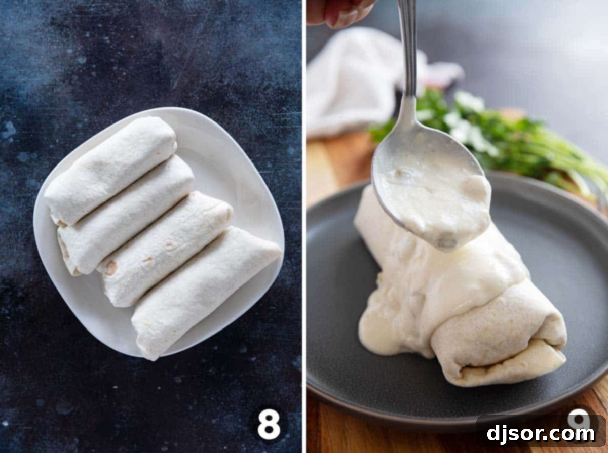 A rolled burrito, ready to be smothered, showing the technique of folding in the ends before rolling, and then a finished burrito drenched in green chile sauce.