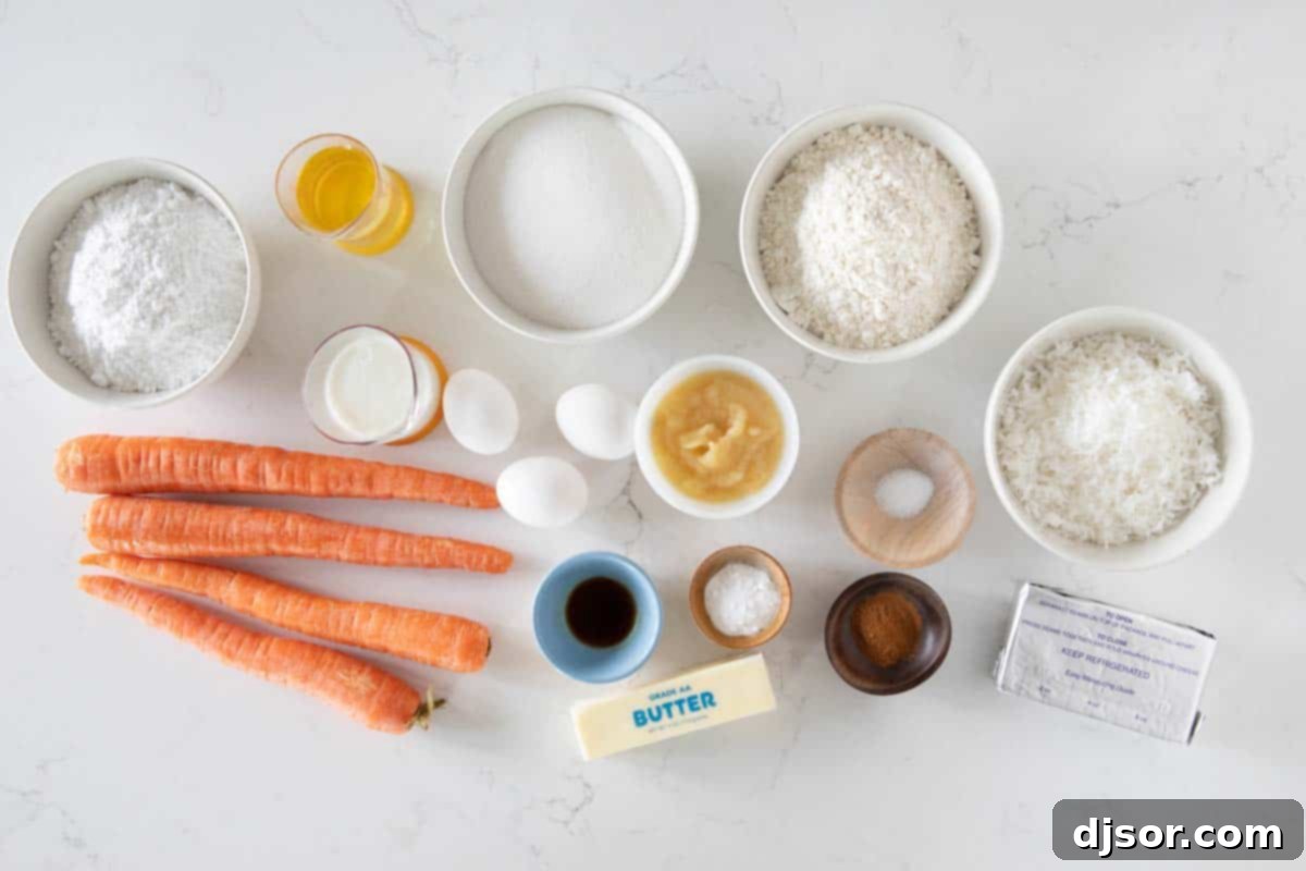 A flat lay photograph showcasing all the fresh and dry ingredients needed to bake the delicious Carrot Sheet Cake with Toasted Coconut, neatly arranged on a kitchen counter.