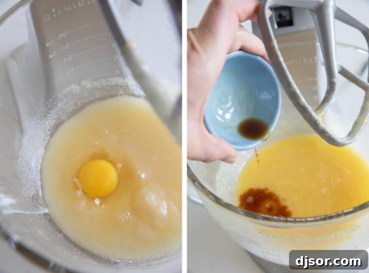 A sequence of photos demonstrating the initial steps of mixing carrot cake batter: combining wet ingredients, then gradually incorporating dry ingredients for a smooth consistency.
