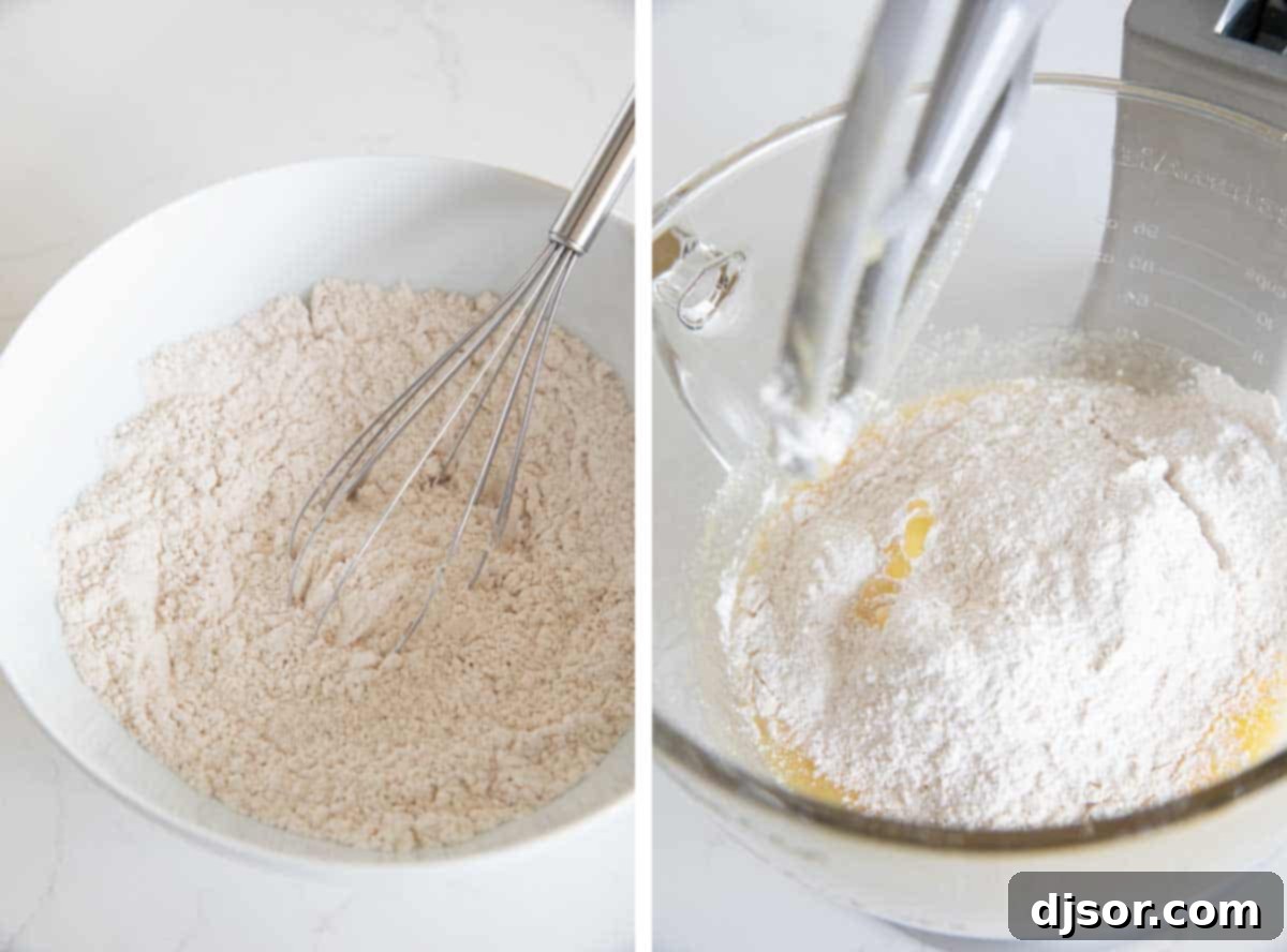 Detailed shot of dry ingredients (flour, baking soda, cinnamon, salt) being whisked together in a bowl, followed by their gradual addition to the wet cake batter.