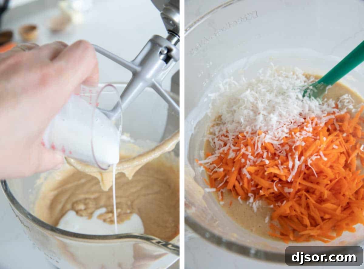 A visual guide showing the final additions to the carrot sheet cake batter: pouring in buttermilk, then folding in freshly grated carrots and shredded coconut.