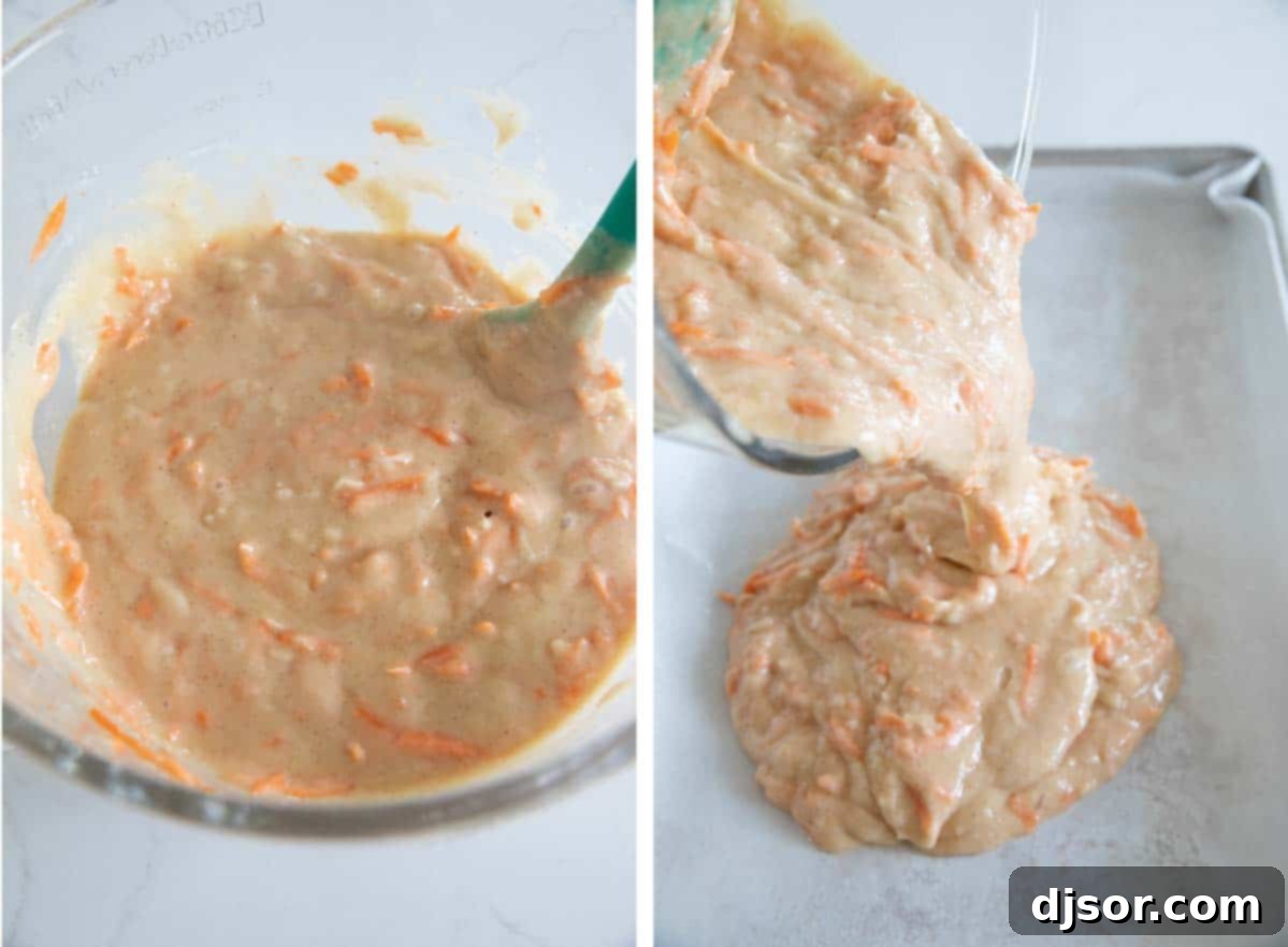 The finished carrot cake batter being carefully poured into a prepared sheet pan, ready for baking to achieve a perfect, even layer.