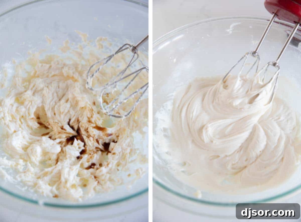 A step-by-step visual of preparing classic cream cheese frosting: beating cream cheese and butter, then gradually adding powdered sugar until smooth and creamy.