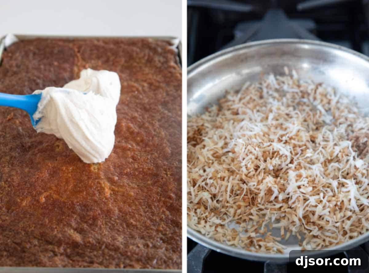 The final stages of decorating: spreading smooth cream cheese frosting over a cooled carrot sheet cake, and a separate bowl of golden, freshly toasted coconut flakes ready to be sprinkled.