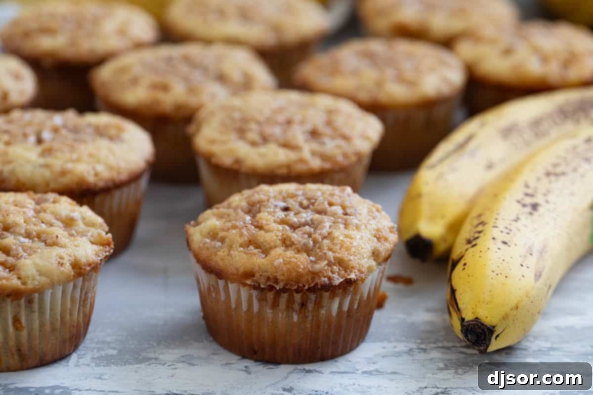 Banana Toffee Treat Muffins 2 Close-up of golden brown Banana Toffee Muffins generously topped with melted toffee bits.
