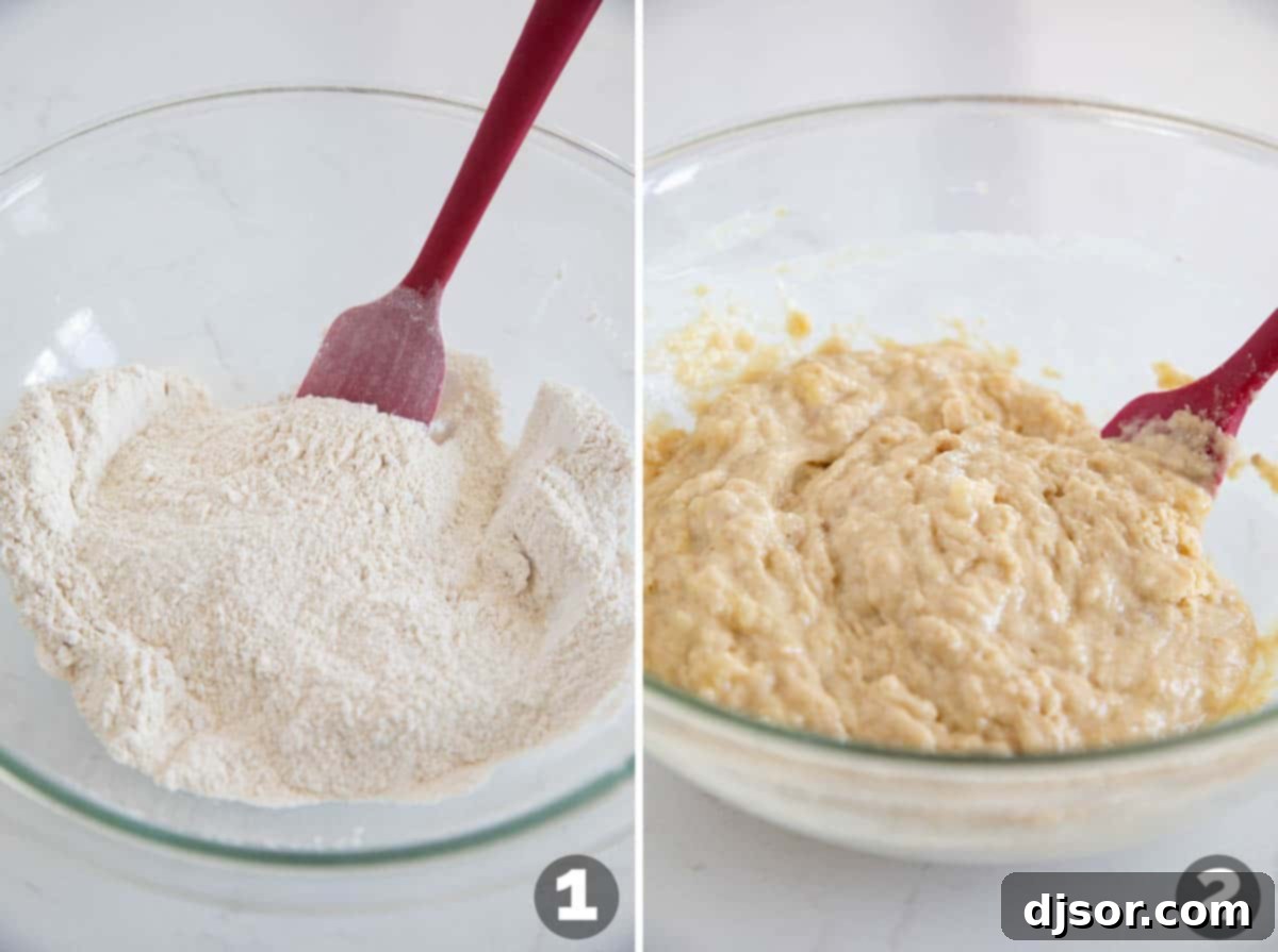 Banana Toffee Treat Muffins 4 Mixing the wet and dry ingredients together in a bowl to create the banana toffee muffin batter.