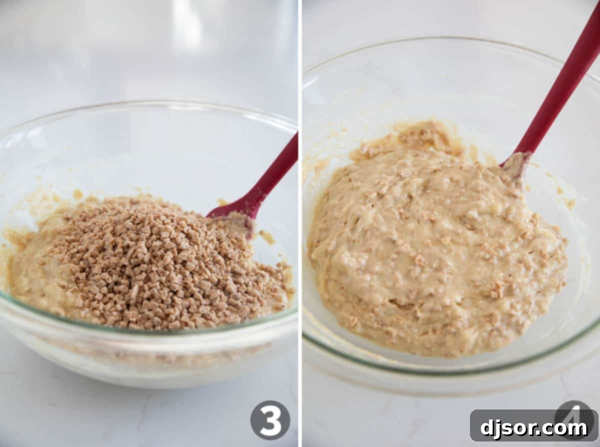 Banana Toffee Treat Muffins 5 Toffee bits being folded into the banana muffin batter in a large mixing bowl.