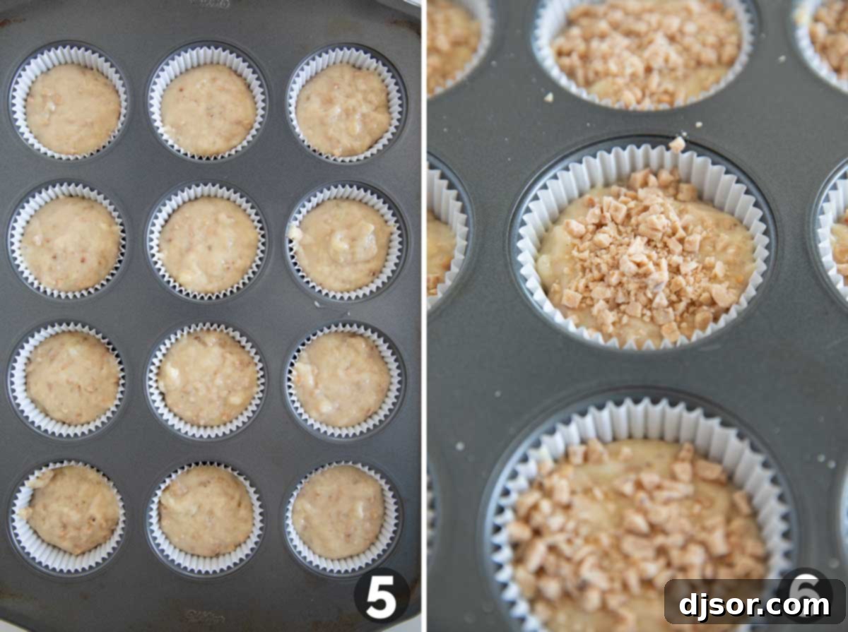 Banana Toffee Treat Muffins 6 Muffin cups being filled with banana toffee batter, with additional toffee bits sprinkled on top before baking.