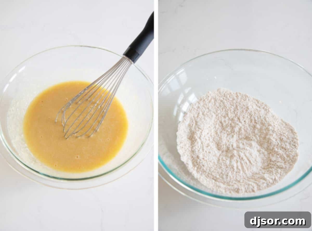 Mixing Wet and Dry Ingredients for Muffins Step-by-step photos showing the mixing of wet ingredients in one bowl and dry ingredients in another for Morning Glory Muffins.