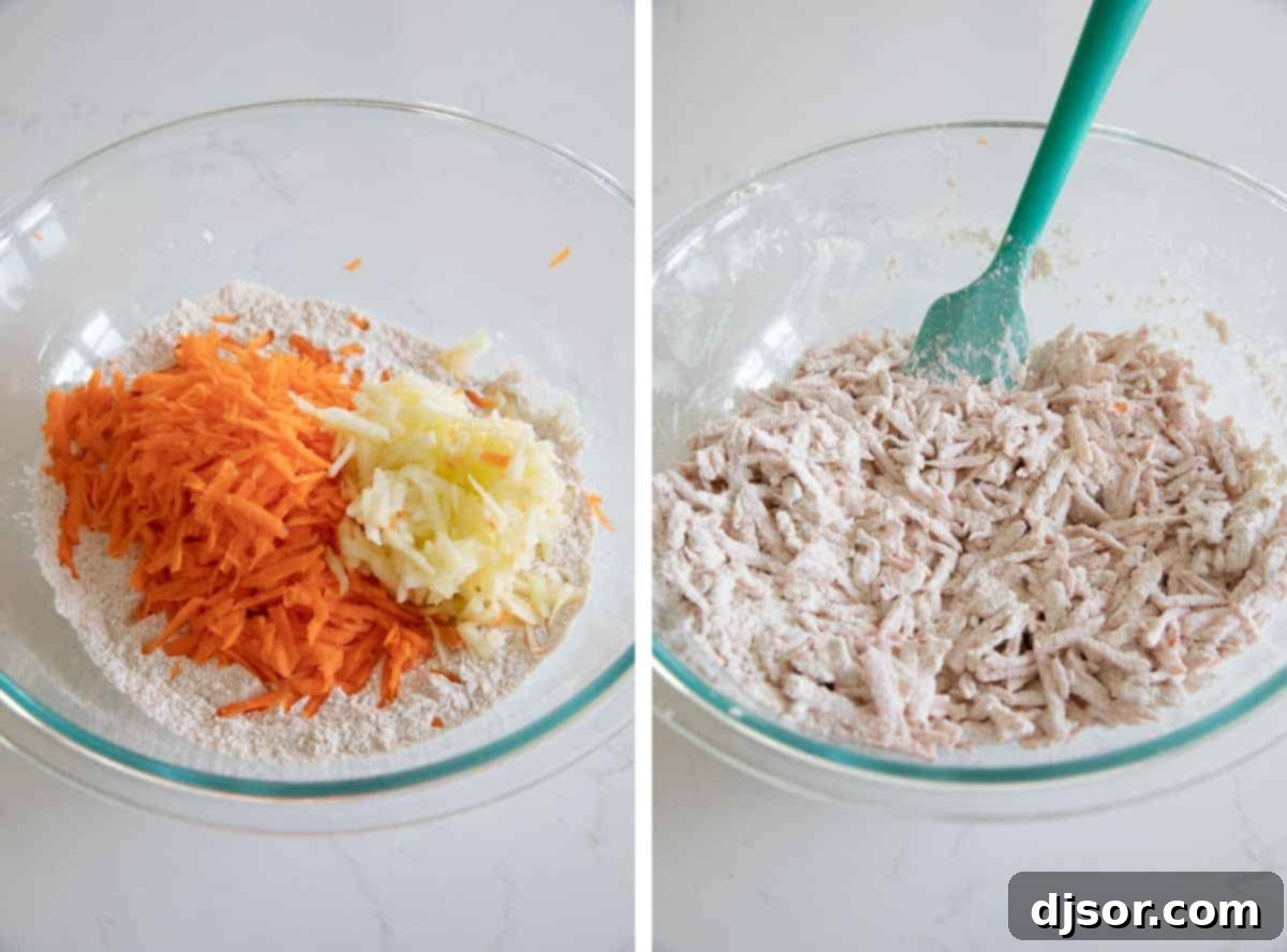 Adding Carrots and Apples to Dry Ingredients Grated carrots and apples being stirred into the dry flour mixture.
