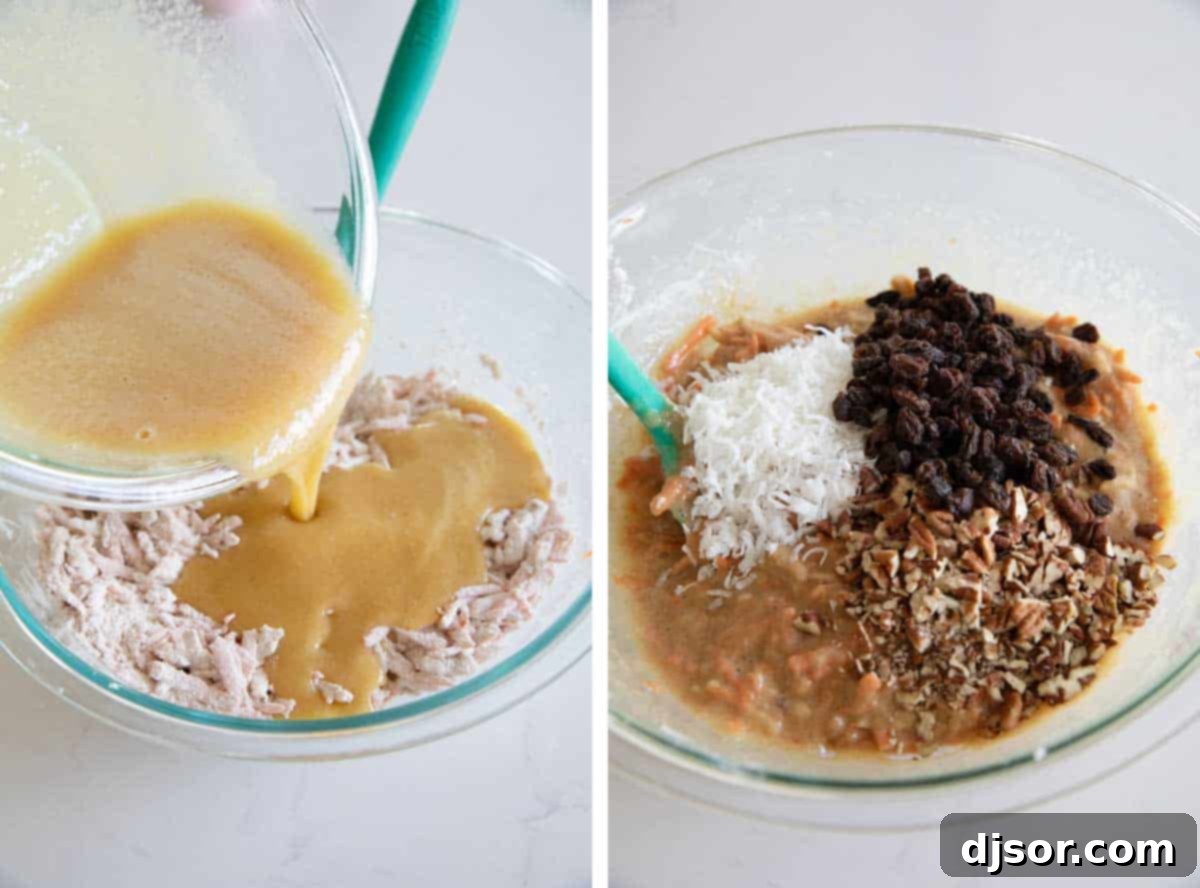 Finishing Muffin Batter with Inclusions Adding wet ingredients to the dry muffin batter, followed by stirring in coconut, raisins, and nuts.
