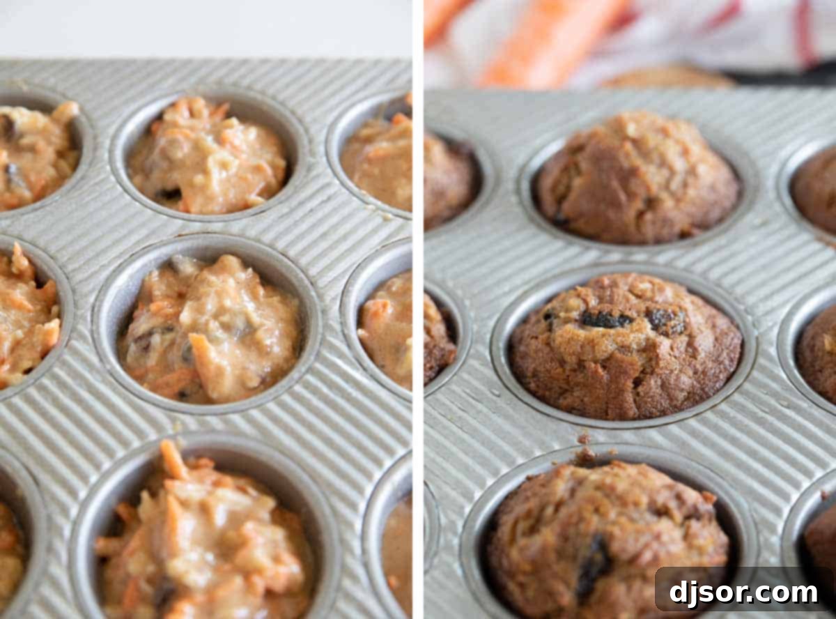 Muffin Batter Before and After Baking A muffin tin filled with unbaked Morning Glory Muffin batter, next to a tin of golden-brown baked muffins.
