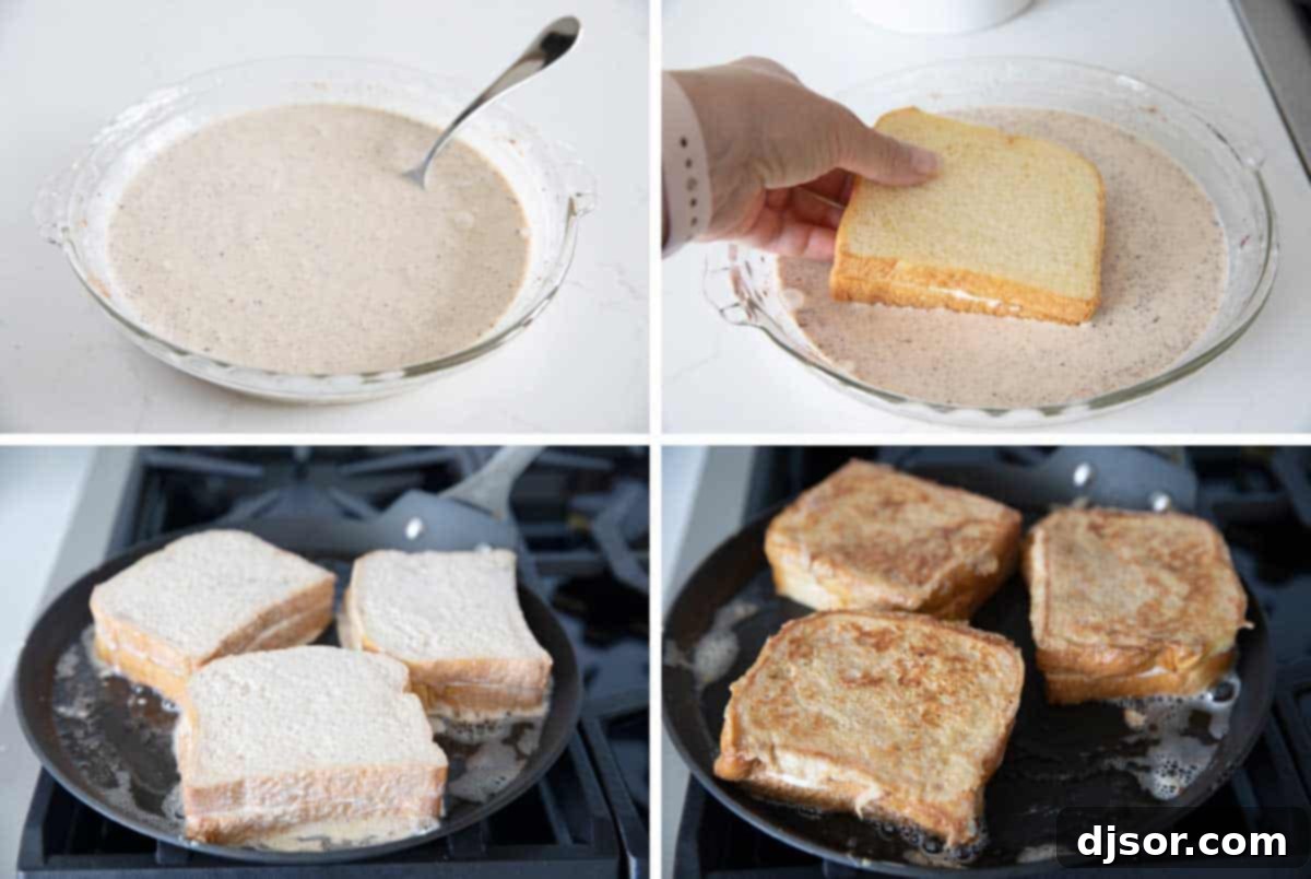 Dipping stuffed French Toast and cooking on a skillet