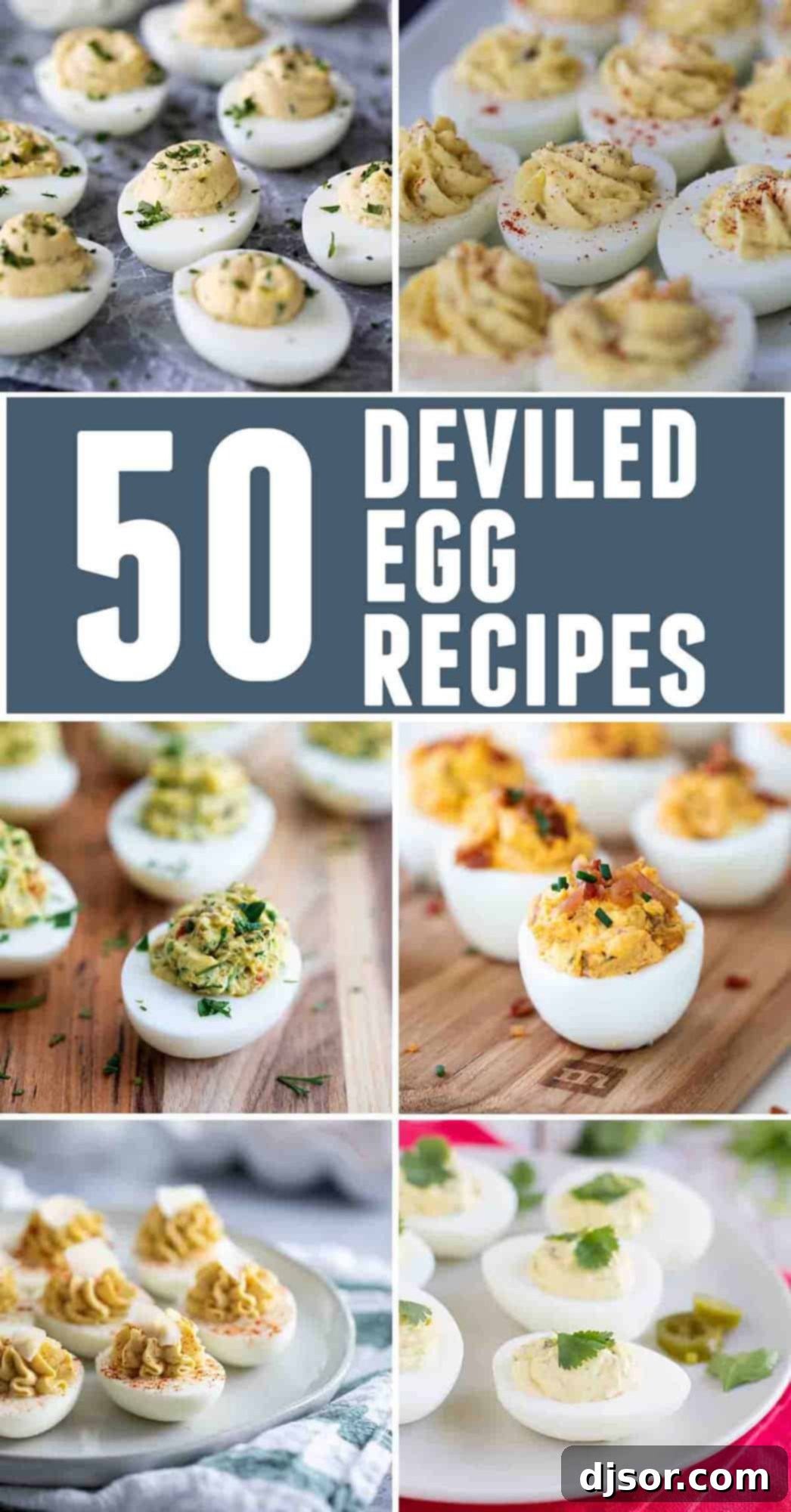 50 different ways to make deviled eggs, showcasing a variety of vibrant fillings and garnishes