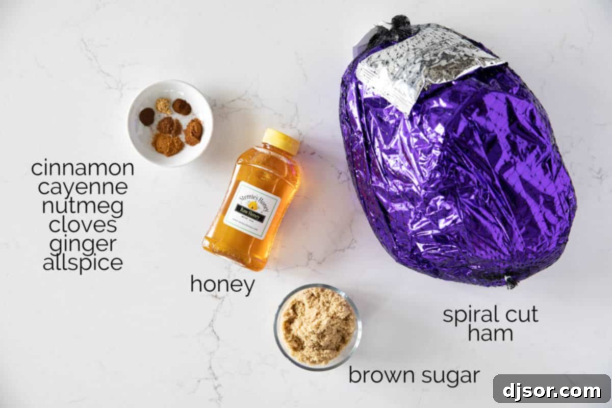 A collection of ingredients for the homemade Honey Glazed Ham glaze, including honey, brown sugar, and various spices, laid out on a rustic wooden table.