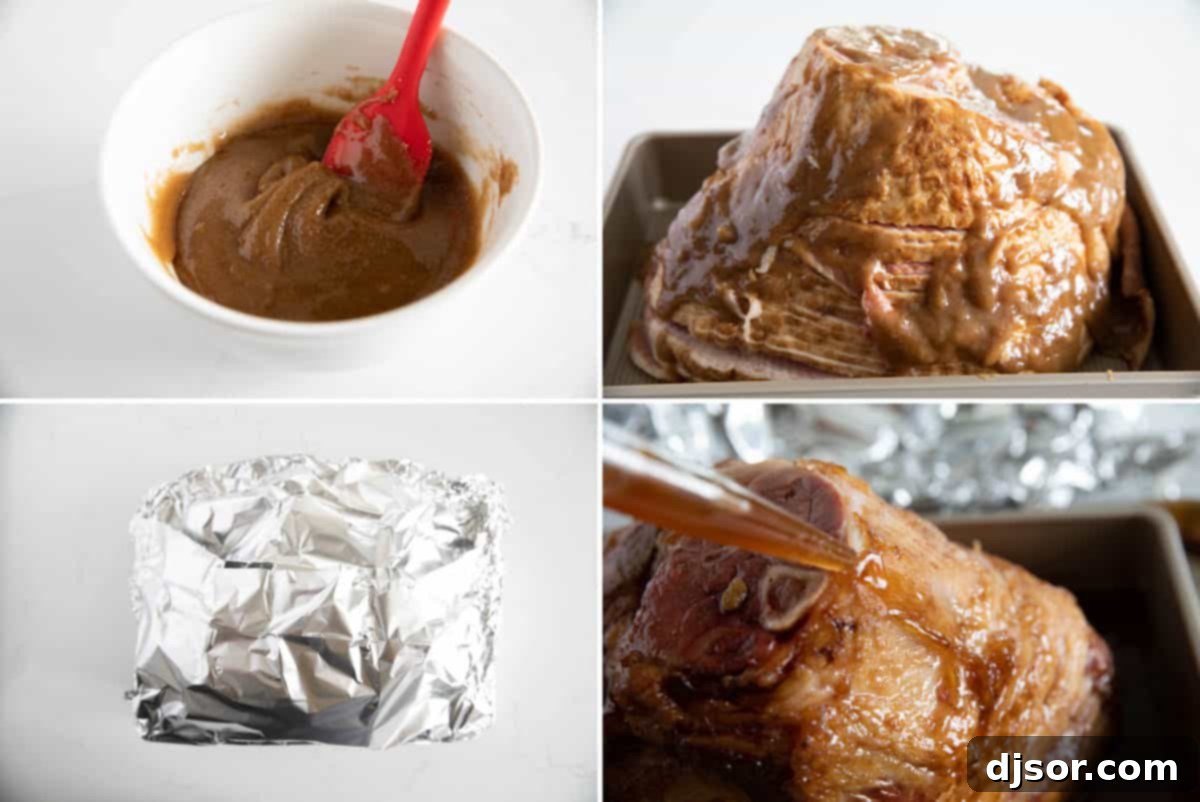 A series of three images showing the process of making Honey Glazed Ham: preparing the glaze, applying it to the ham, and covering the ham in a baking dish with foil.