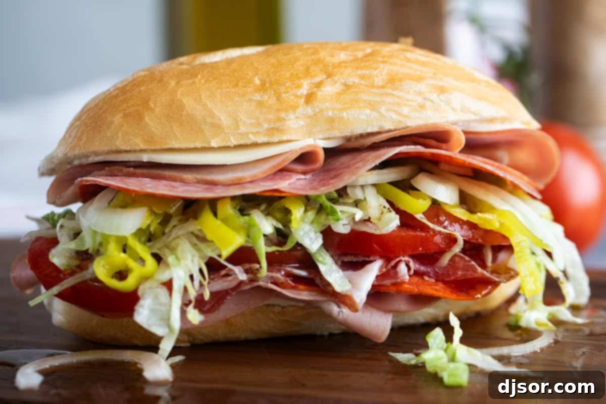 The Ultimate Italian Stack 2 A perfectly assembled Italian Sub sandwich, generously filled with a variety of Italian meats, melted provolone cheese, and fresh, colorful vegetables.
