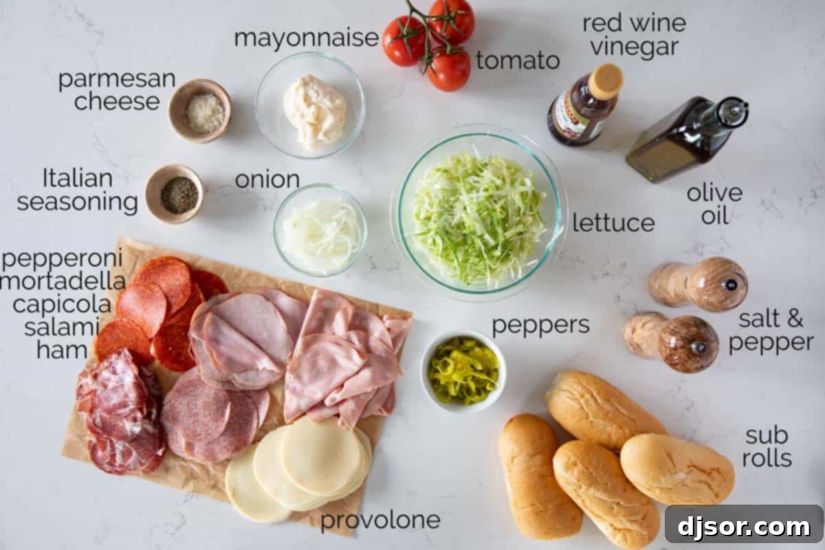 The Ultimate Italian Stack 3 A vibrant selection of fresh ingredients laid out on a cutting board, ready to be used for making an Italian Sub.