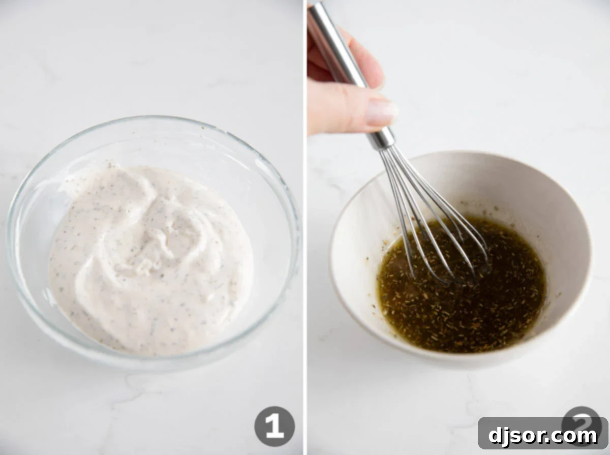 The Ultimate Italian Stack 4 Two small bowls containing the mayonnaise mixture and the olive oil and vinegar mixture, prepared for Italian Sub assembly.