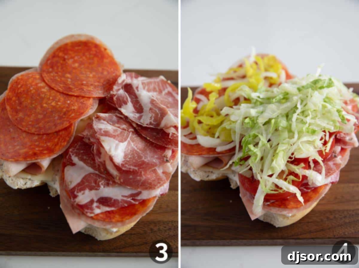 The Ultimate Italian Stack 5 Hands carefully assembling an Italian sub, layering deli meats and fresh vegetables onto the sub roll.