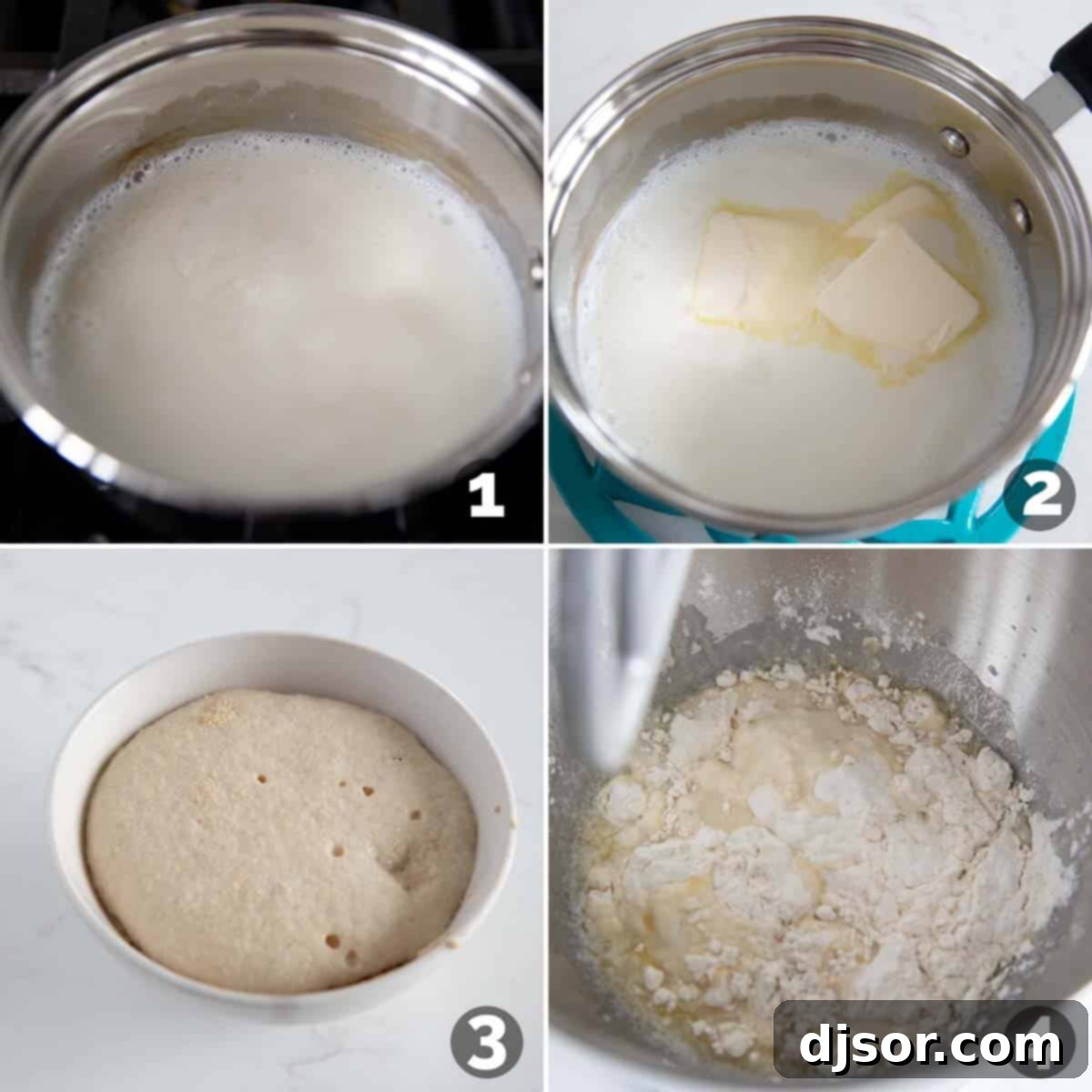 A step-by-step visual demonstration of the initial phases of dough preparation for Texas Roadhouse Rolls, including scalding milk and the successful blooming of yeast.