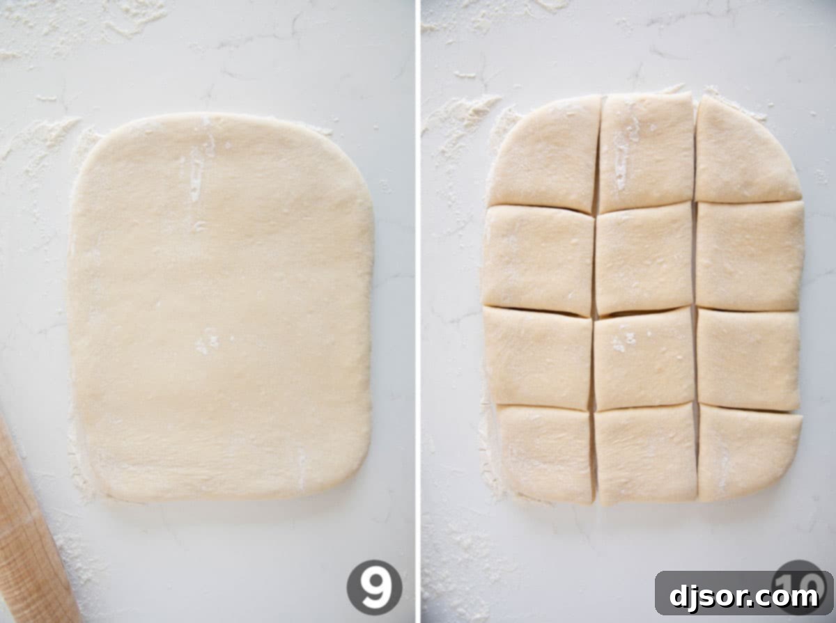 A visual guide depicting the dough being rolled out into a precise rectangle, followed by the careful cutting of individual rolls for shaping.