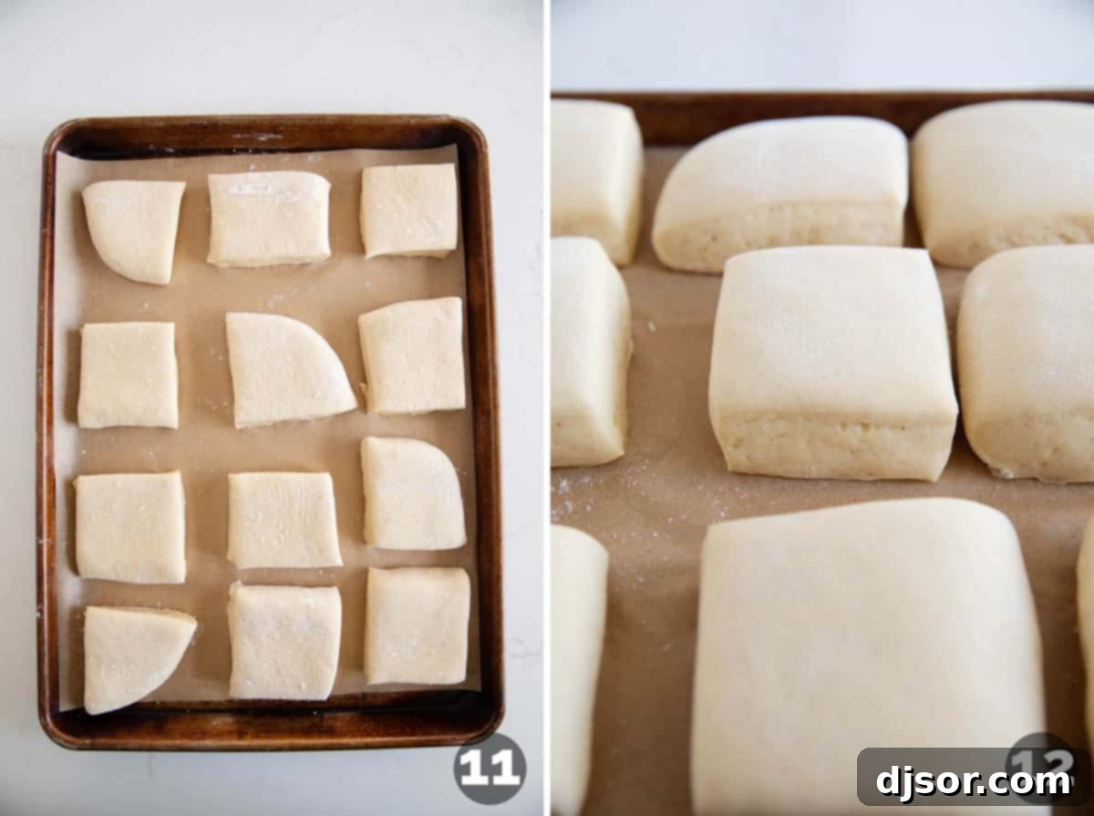 A visual progression showing shaped Texas Roadhouse Rolls arranged on a baking sheet, followed by an image of the rolls after their second rise, looking beautifully puffy and ready for baking.