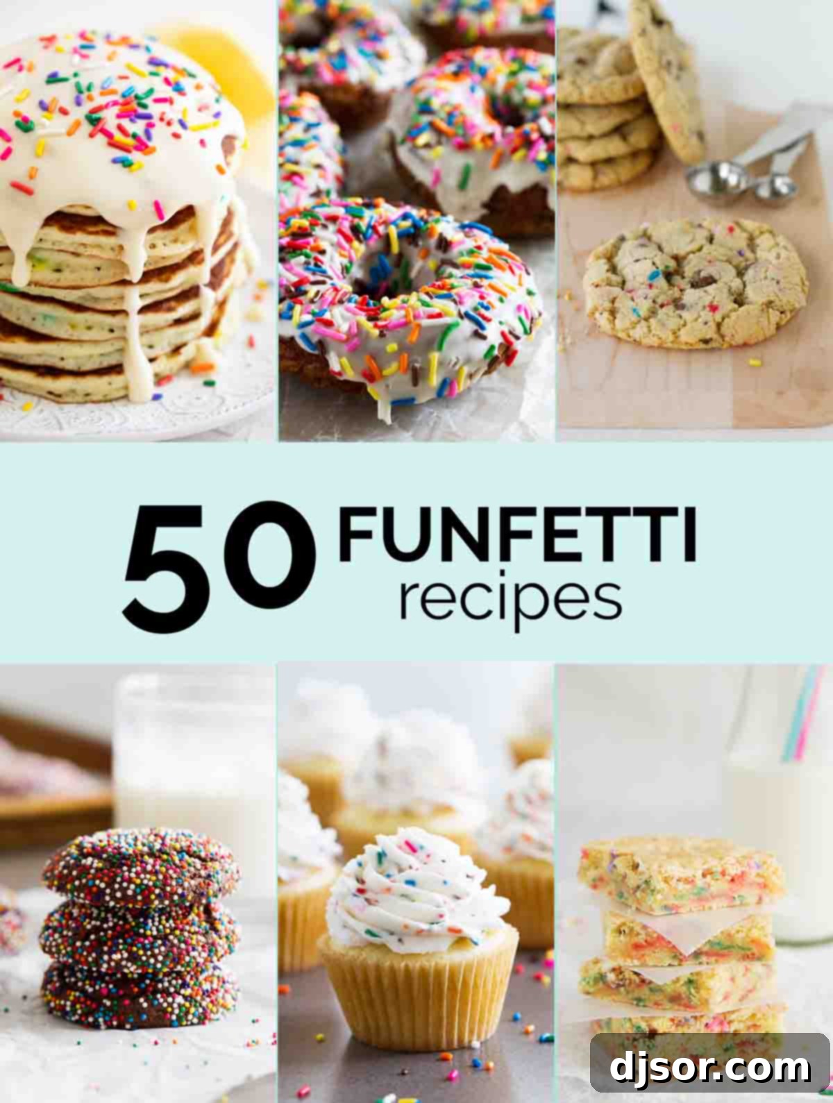 A vibrant collage showcasing various Funfetti desserts including cakes, cookies, and frosted treats, all adorned with colorful sprinkles.