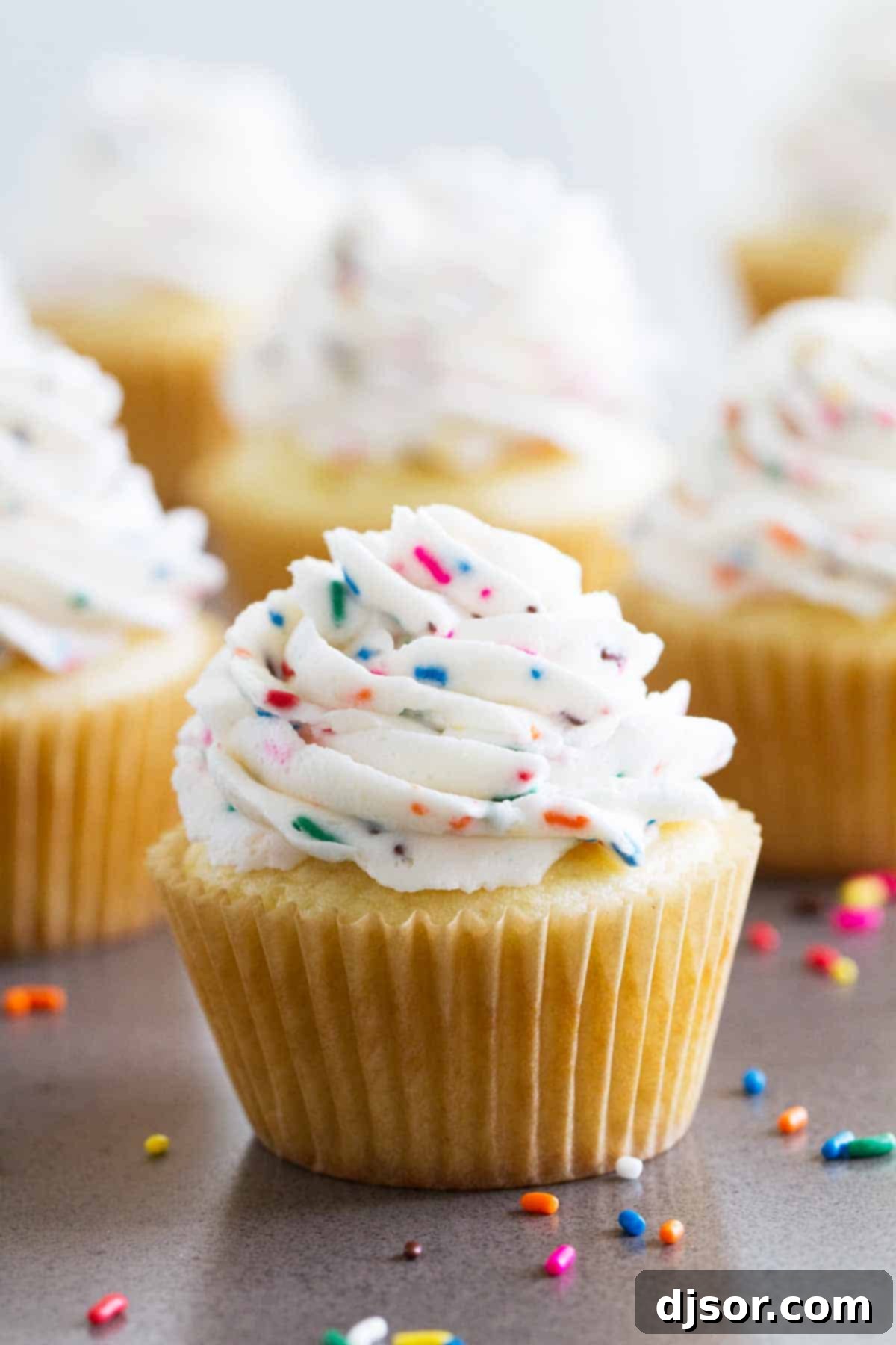 Delicious cupcakes elegantly piped with Funfetti Frosting, showcasing vibrant sprinkles mixed throughout the creamy topping.