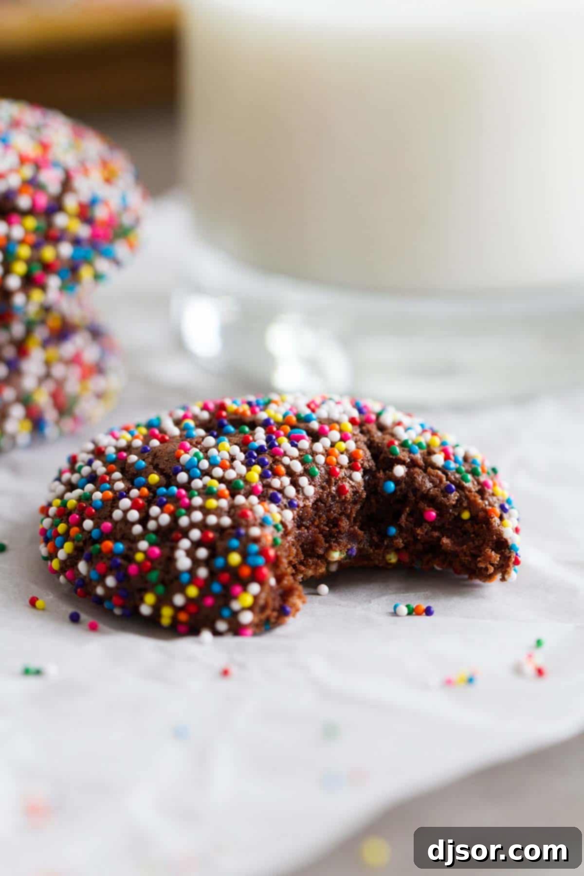 A delectable Chocolate Crinkle Sprinkle Cookie, with a bite taken, revealing its soft, chocolatey interior studded with colorful sprinkles.