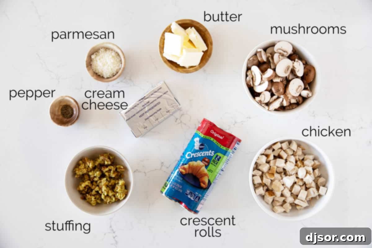 Chicken, cream cheese, and mushrooms are rolled and baked inside crescent rolls for these easy, family favorite Chicken Crescent Rolls. Ingredients for Chicken Crescent Rolls.