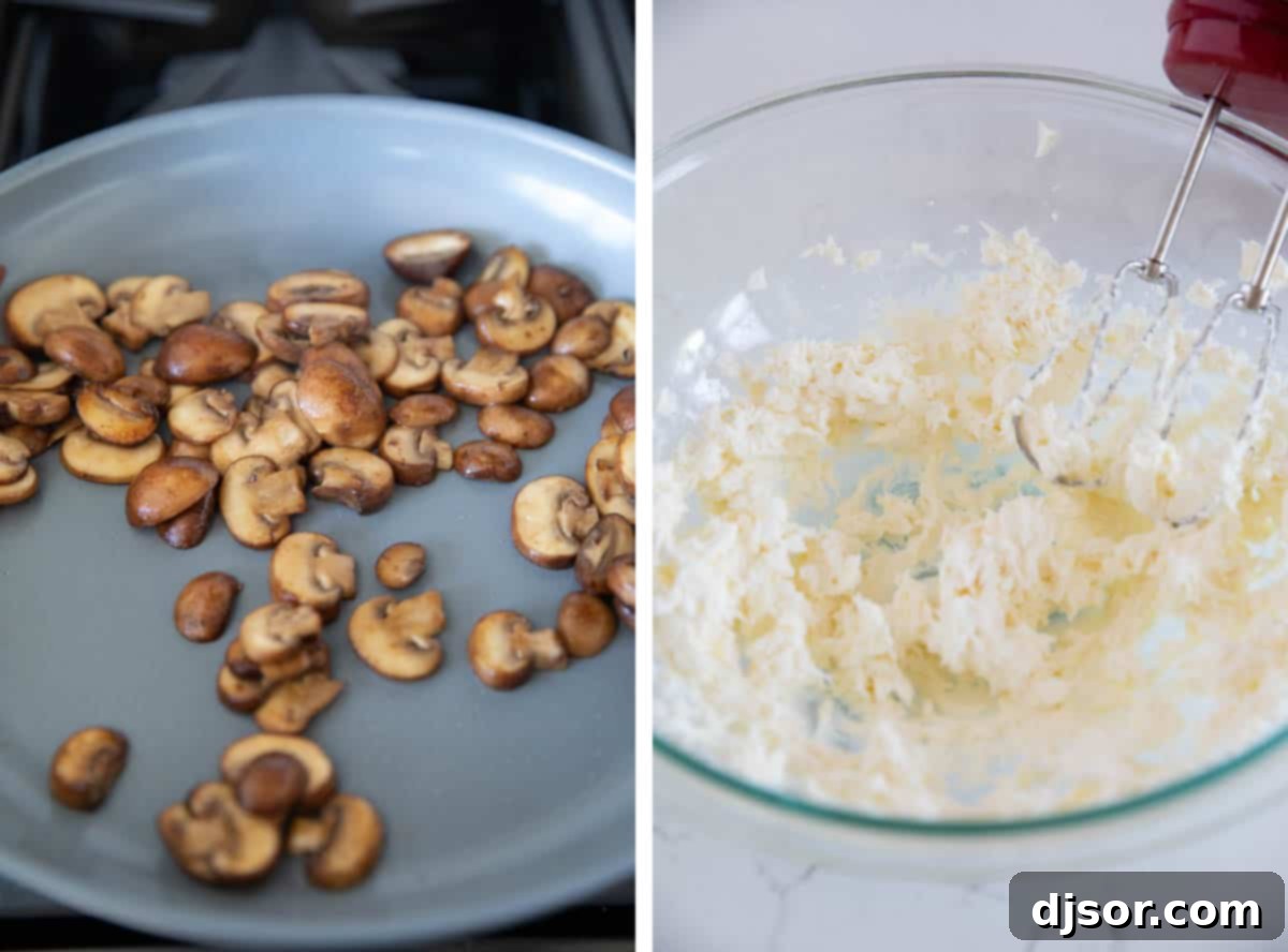 Chicken, cream cheese, and mushrooms are rolled and baked inside crescent rolls for these easy, family favorite Chicken Crescent Rolls. Cooking mushrooms and making filling for chicken crescent rolls.