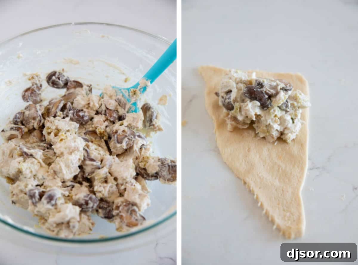 Chicken, cream cheese, and mushrooms are rolled and baked inside crescent rolls for these easy, family favorite Chicken Crescent Rolls. Making filling and placing on crescent rolls for chicken crescent rolls.