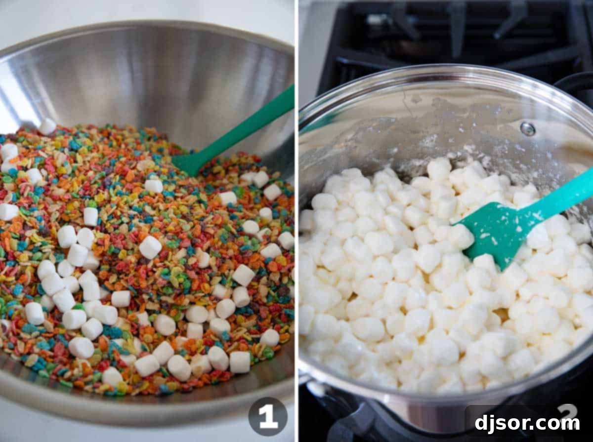 Two images side by side: one showing Fruity Pebbles and Rice Krispies being mixed with mini marshmallows in a large bowl, and the other showing butter and marshmallows melting together in a saucepan.